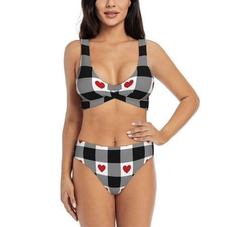 Jgfou Heart Black Buffalo Plaid Gingham Print Bikini Set for Women Two Piece Swimsuit