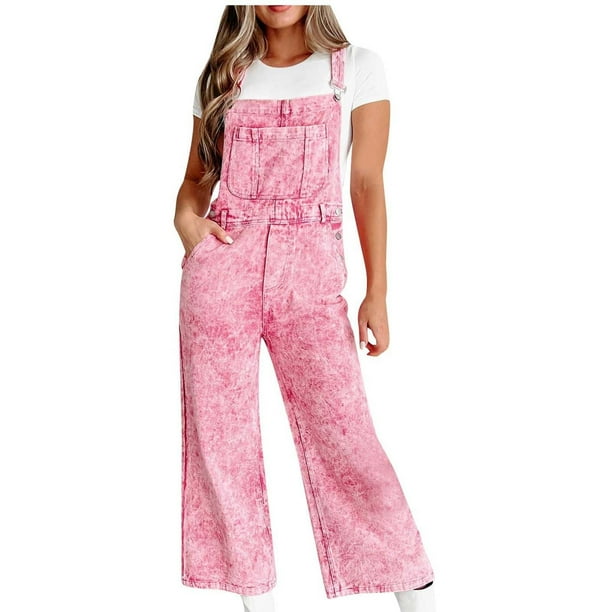 Gibobby pantalones siameses Monos de mezclilla sin mangas vintage para mujer rectos sueltos(Rosa, M)