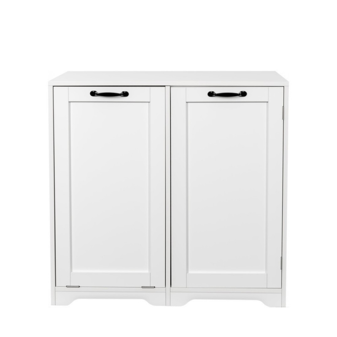 Laundry Cabinet with Tilt-Out Hamper, Freestanding Storage Cabinet with Doors, 3-Tier Shelves and Adjustable Shelf, White Bathroom Organizer, White