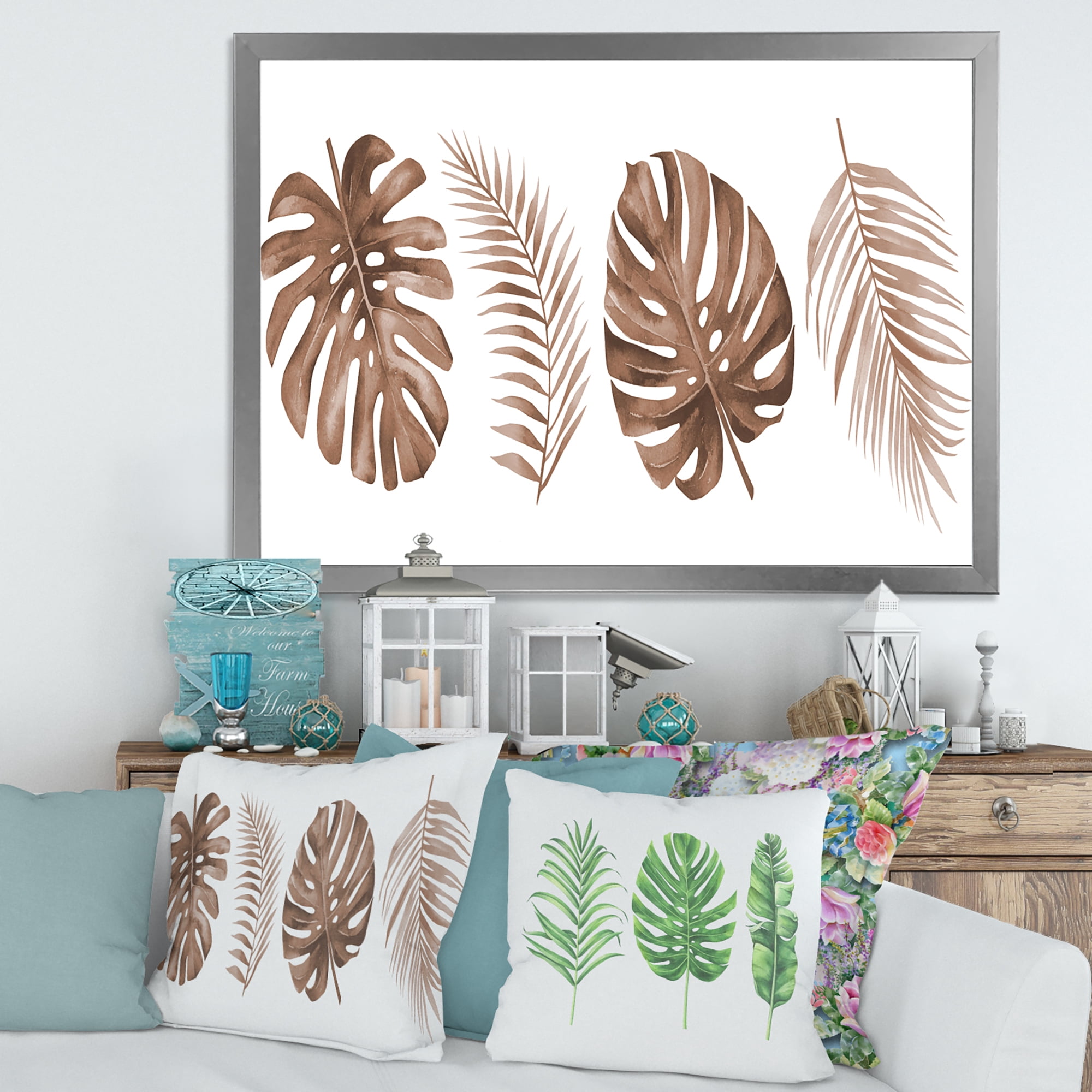 Designart 'Tropical Palm and Monstera Leaf In Terracotta' Traditional Framed Art Print