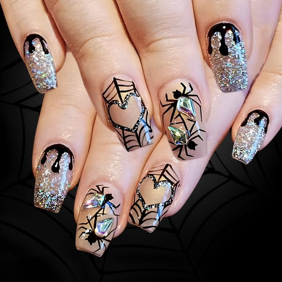 RAGUPEL 24Pcs Glitters False Nails Halloween Spiders Web Heart Art Press On Nails Nails Tips Party Beauty Accessories