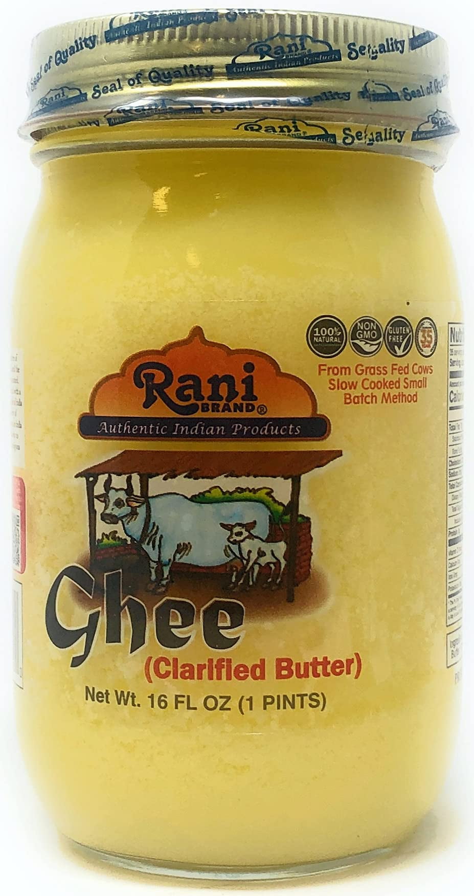 Rani Ghee Pure & Natural from Grass Fed Cows (Clarified Butter) 1lb (16oz) ~ Glass Jar | Paleo Friendly | Keto Friendly | Gluten Friendly | Product of USA