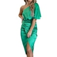 thumbnail image 4 of STARVNC Women Oblique Shoulder Pleated High Waisted Split Hem Midi Dress, 4 of 7
