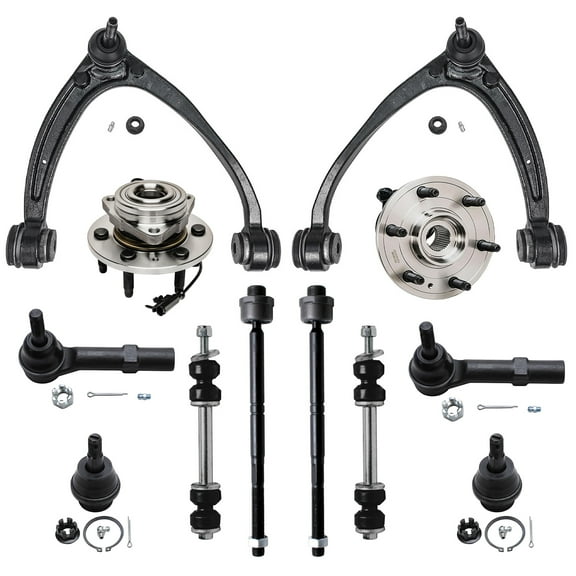 Detroit Axle - Front 12pc Suspension Kit for 4WD Cadillac Chevy GMC Silverado Sierra 1500, 2 Upper Control Arms 2 Wheel Bearing Hubs 2 Lower Ball Joints 2 Sway Bars 4 Outer Inner Tie Rods Replacement