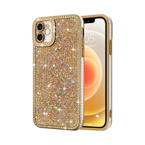 for iPhone 12 Case Glitter, Luxury Shiny Bling Sparkly Phone Cover with Crystal Diamonds Rhinestone for Women Girls Soft TPU Slim Shockproof Protective Phone Case for iPhone 12 6.1", Gold