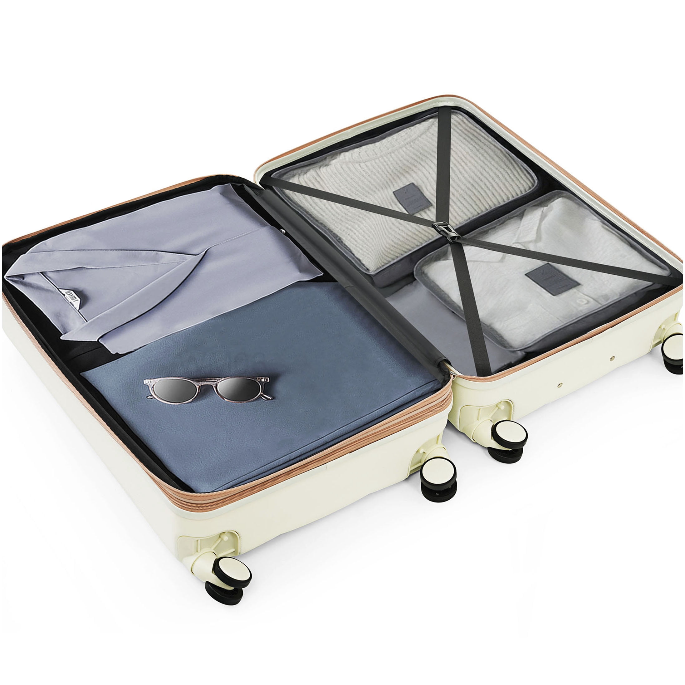 3-Piece Spinner Luggage Set with Cup Holder, ABS Hard Shell Airline Approved Suitcase in White and Gold