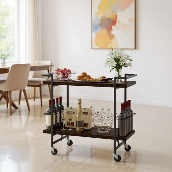 Barara King Baker's Rack, Microwave Stand,Bun Pan Sheet Rack, Kitchen Storage Shelf Rack,2-Tier Home Bar Cart with Lockable Wheels and Heavy-Duty Metal Frame-Rustic Brown