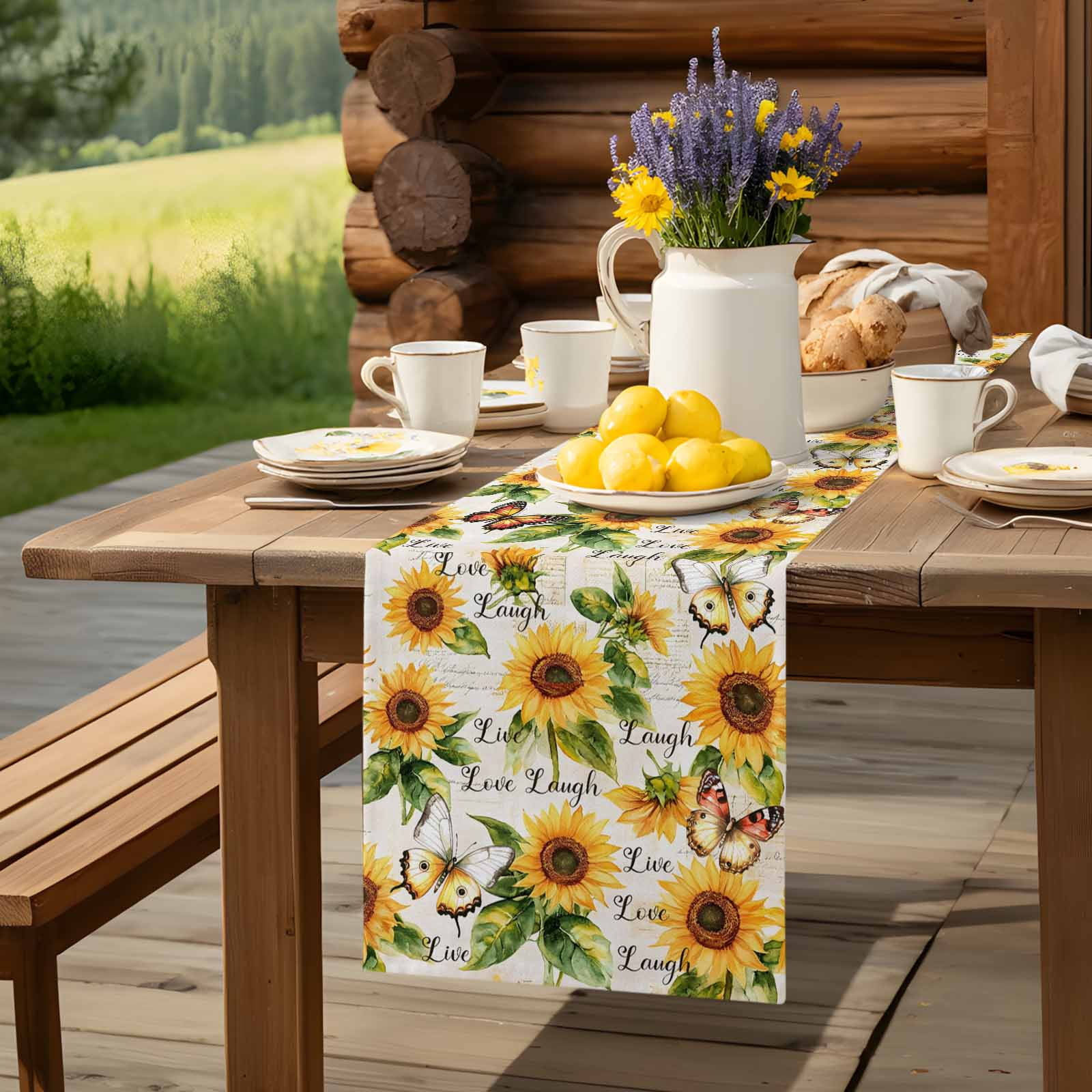 Watercolor Sunflower Butterfly Green Plants Table Runner 90 Inches Long, Blossom Floral Seamless Table Runners Tabletop Scarf Kitchen Dining Tables Decoration for Home Party Indoor Outdoor