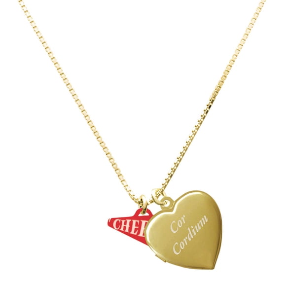 Delight Jewelry Acrylic Red Cheer Megaphone - Goldtone Engraved Cor Cordium Heart Locket Necklace, 17.5" 2" Extender