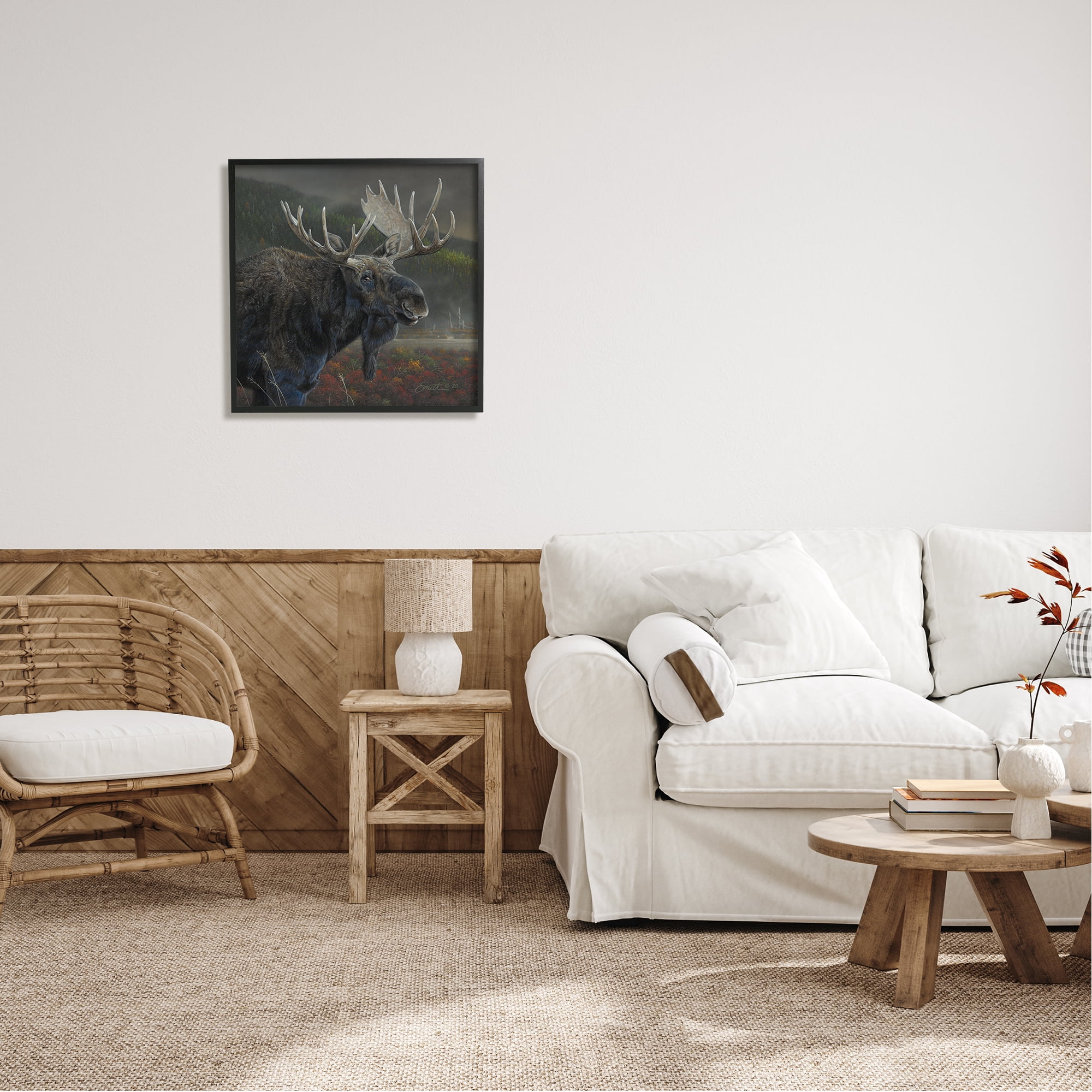 Stupell Industries Moose Dark Forest Landscape Animals & Insects Painting Black Framed Art Print Wall Art