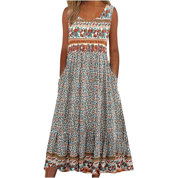 WILLBEST Vestidos de Verano para Mujer Vestido Informal Estampado sin Mangas con Cuello Redondo y Bolsillos Vestido Informal Suelto Extra Grande