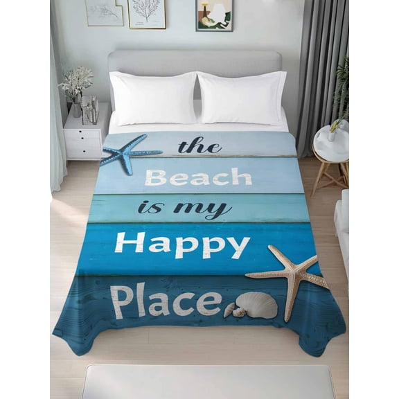 Blue Ombre Coastal California King Size Flat Sheet, Wrinkleproof & Fadeproof Cooling Flat Bed Sheet Only, Nautical Starfish Shell Summer Beach Breathable Soft Bedding Top Sheets 108 x 98 Inches