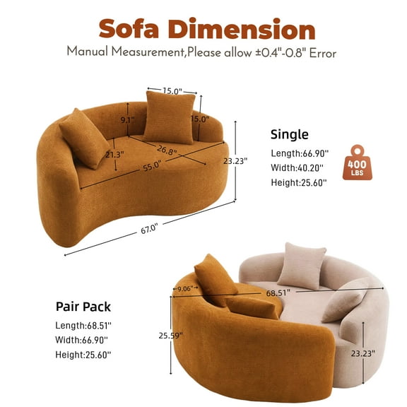 JERFIT S-Curved Chenille Loveseat Sofa, Orange No Assembly Required, Compact Space Saving Design for Small Living Room, Apartment, Office
