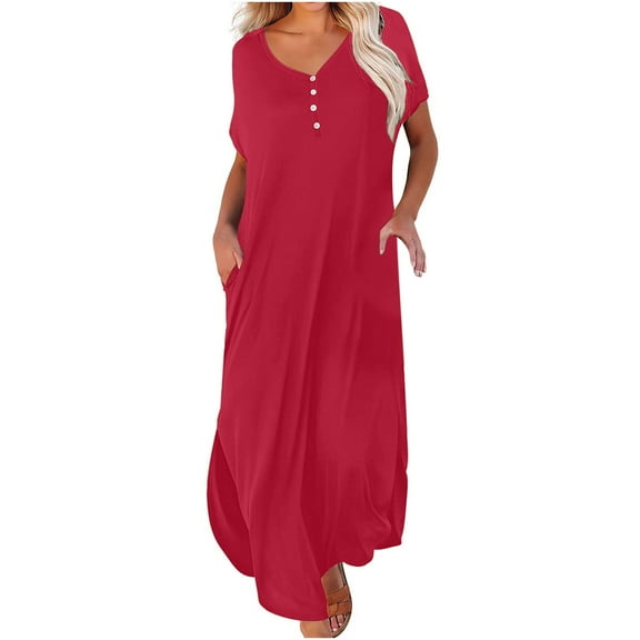 Womens Maxi Dress Cap Sleeve Button V Neck Irregular Hem Summer Dresses for Women Casual Loose Solid Long Dress