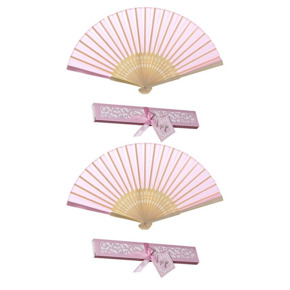 2pcs Classic Folding Fans Delicate Chinese Style Fan Bamboo Framework Fan with Box for Women (Pink)