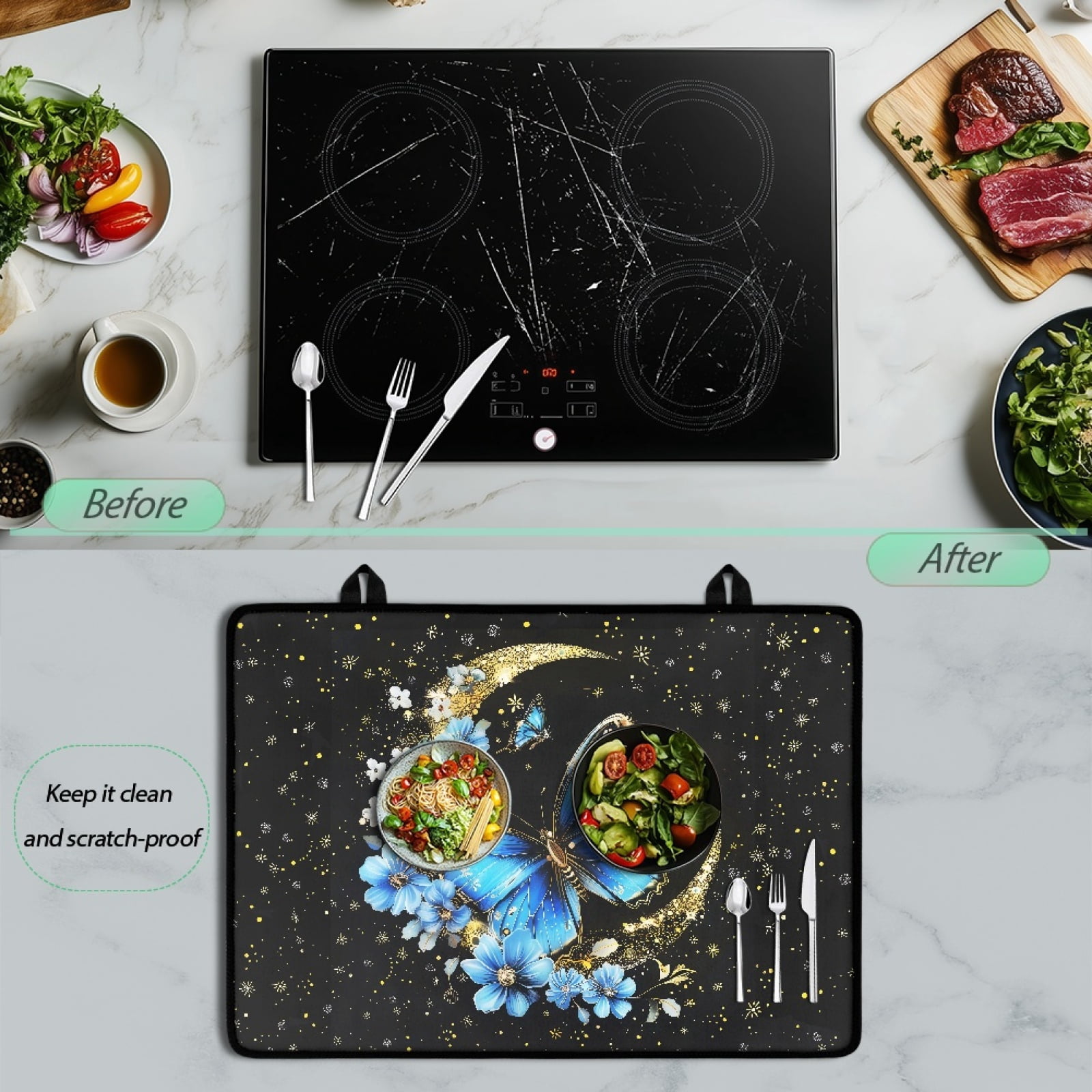 Renewold Stove Top Cover Ceramic Glass Stove Cover Mat Range Cover Versatile Oil Resistant Scratch Resistant Oven Mat Protector Expands Usable Space, Blue Butterfly Moon