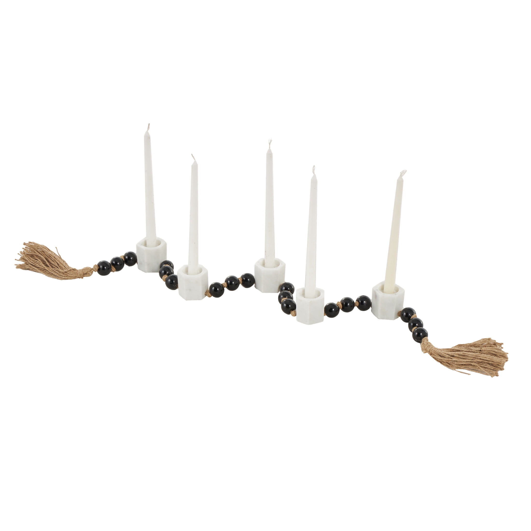 DecMode 5 Candle White Marble Hexagon Garland Candle Holder with Brown Tassel and Black Beads