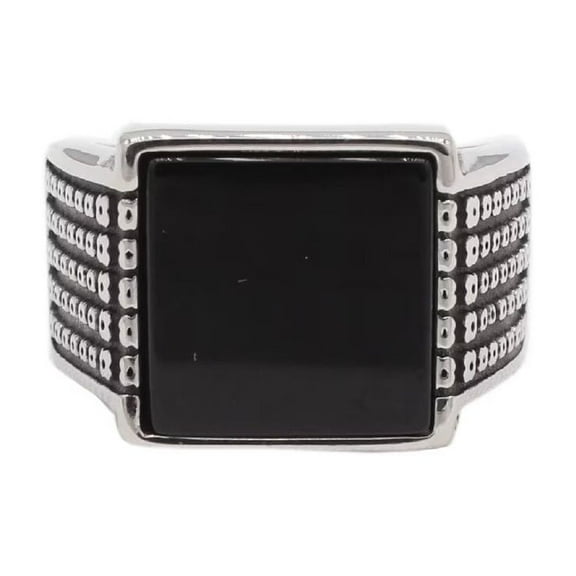PAURO Men's Stainless Steel Vintage Personalized Square Black Gemstone Signet Rings Silver Size 7