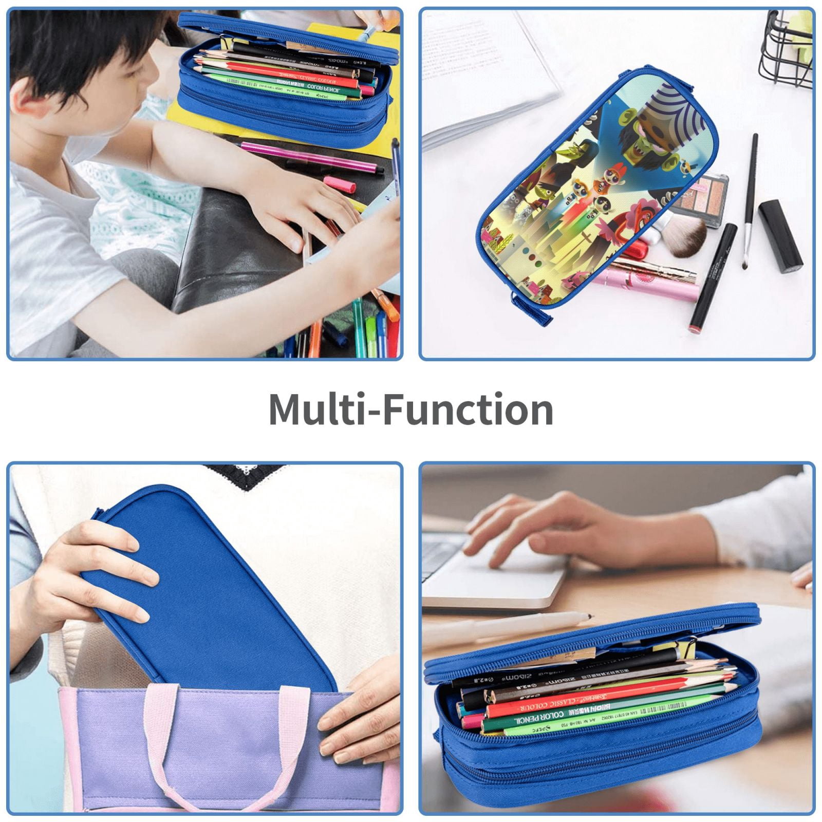 The Powerpuff Gi-rls Pencil Case Large Capacity Pencil Pouch Penbag Office Stationery Organizer Travel Makeup Bag Blue