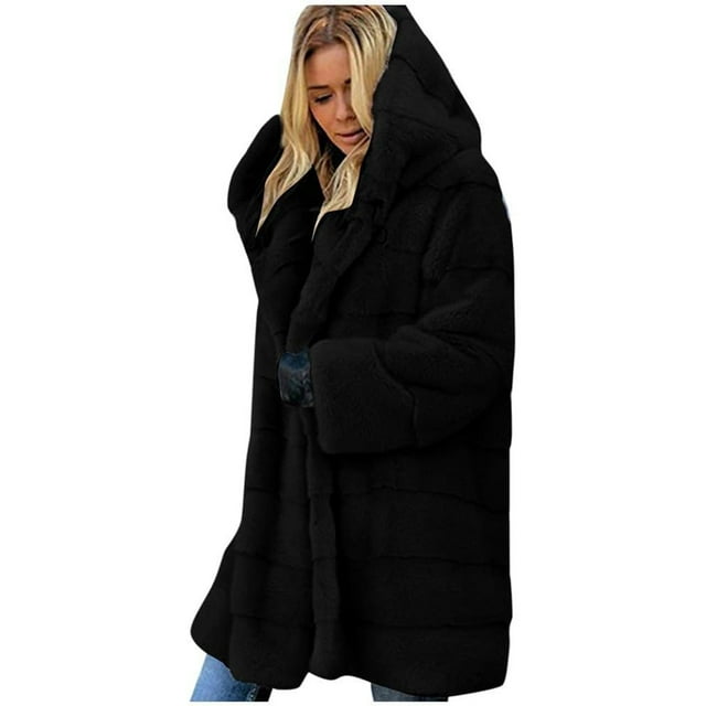 Chaqueta con capucha y abrigo de piel para mujer, cárdigan largo de gran tamaño, chaqueta de invierno, abrigo de piel sintética cálido para invierno (2XL)