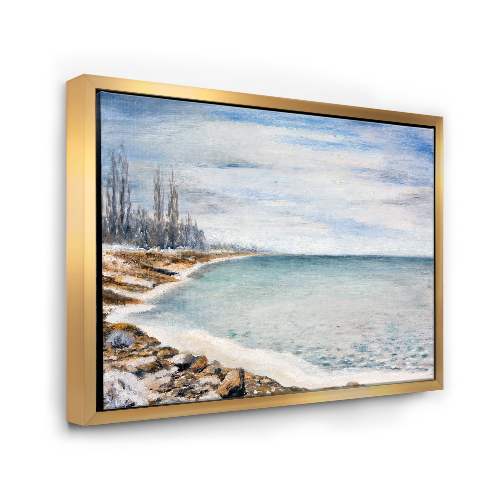 Designart 'Beach Is Covered With Ice' Nautical & Coastal Framed Canvas Wall Art Print