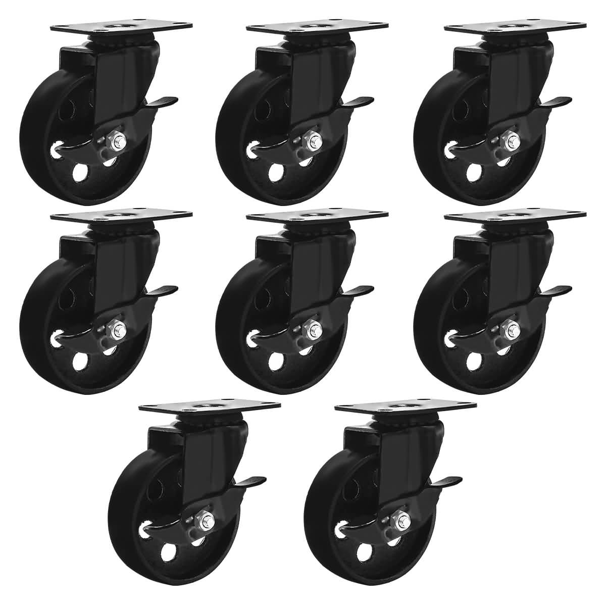4 Black Metal Swivel Plate Caster Wheels HD Steel w/ Screws 4" No Brake 