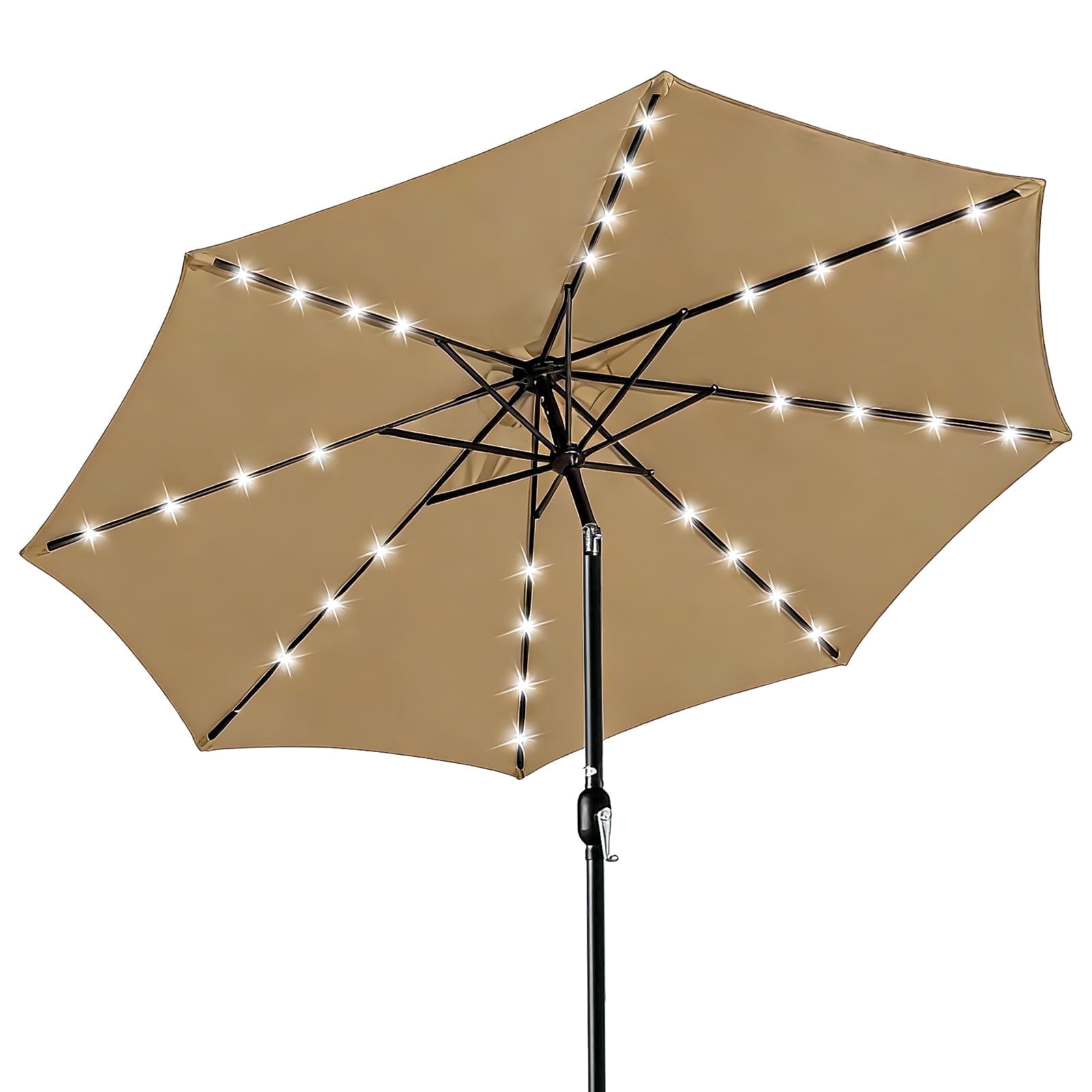 WLLJOY 9ft Solar Patio Umbrella, Tilt Adjustment LED Outdoor Umbrella with 8 Reinforced Ribs for Garden, Backyard, Pool, Khaki