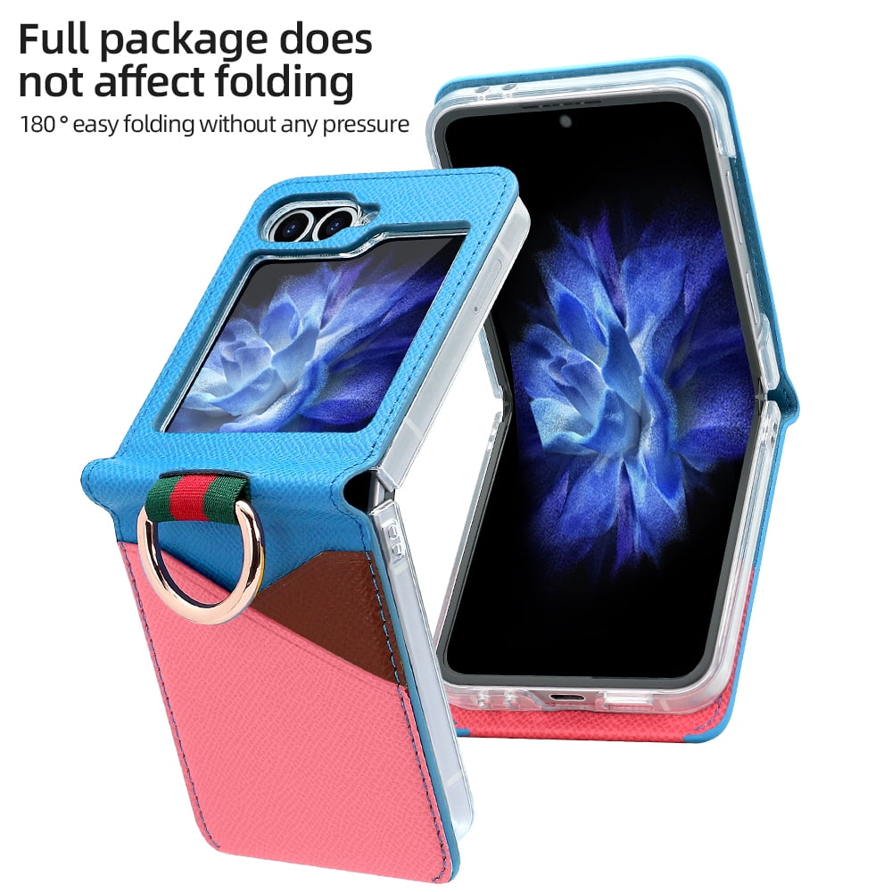 Fashion contrast color leather phone case for Samsung Galaxy Z flip 6 5 4 3 flip6 flip5 ring holder card slot folding cover