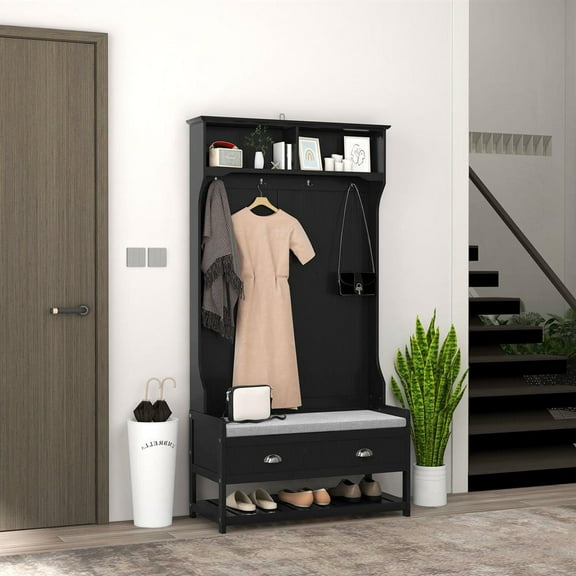 Topcobe 3-in-1 Hall Tree, Entryway Bench with Coat Rack, Mudroom Bench with Shoe Rack, 2 Storage Drawers, 4 Hooks and Padded Seat Cushions for Hallway, Modern Furniture for Home, Apartment, Black
