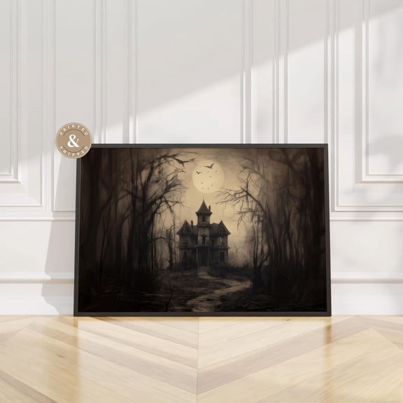 Vintage Haunted House Wall Art Print, Dark Academia Halloween Decor