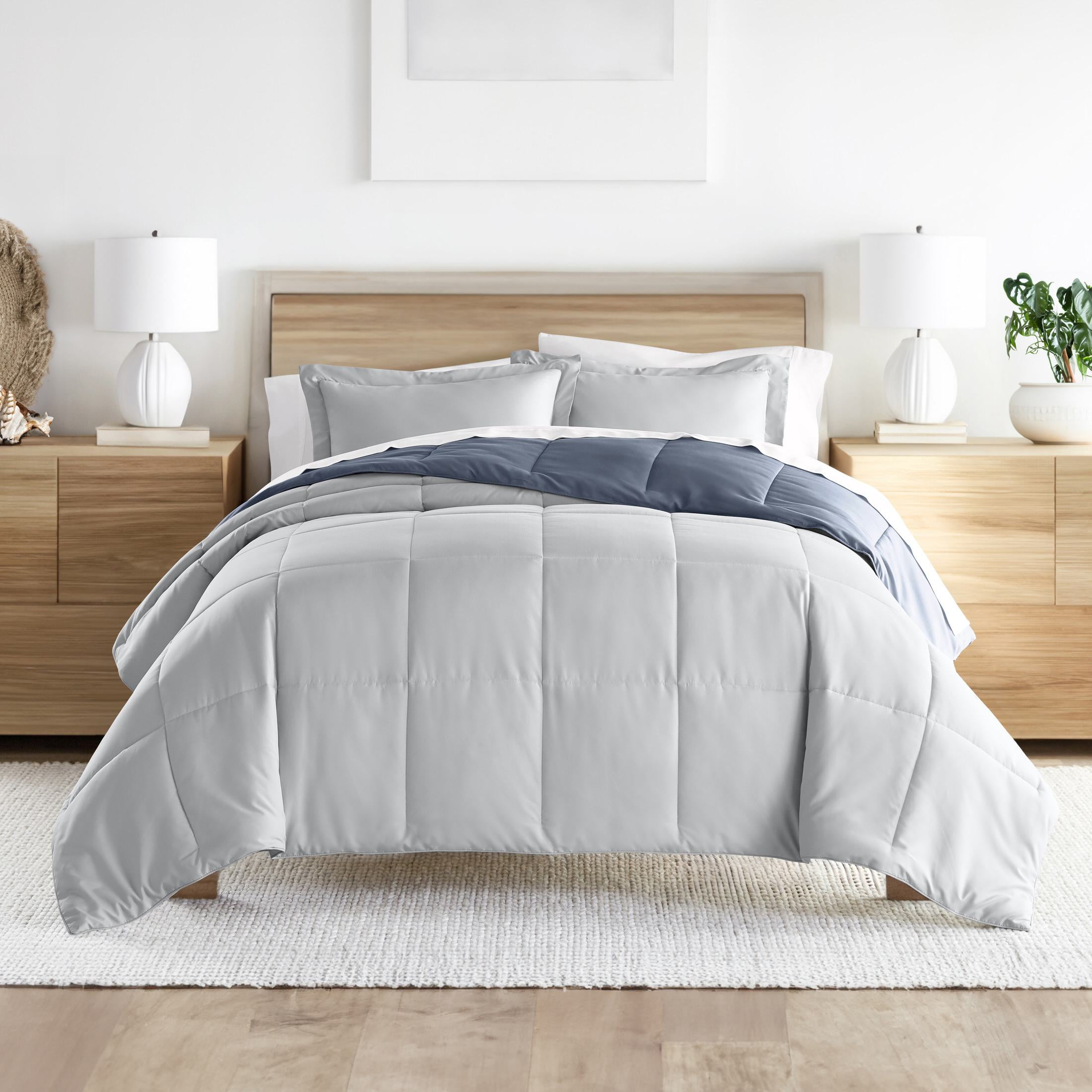 Noble Linens Soft 3-Piece Stone & Light Gray Reversible All Season Lightweight Down Alternative Comforter Set, Full/Queen