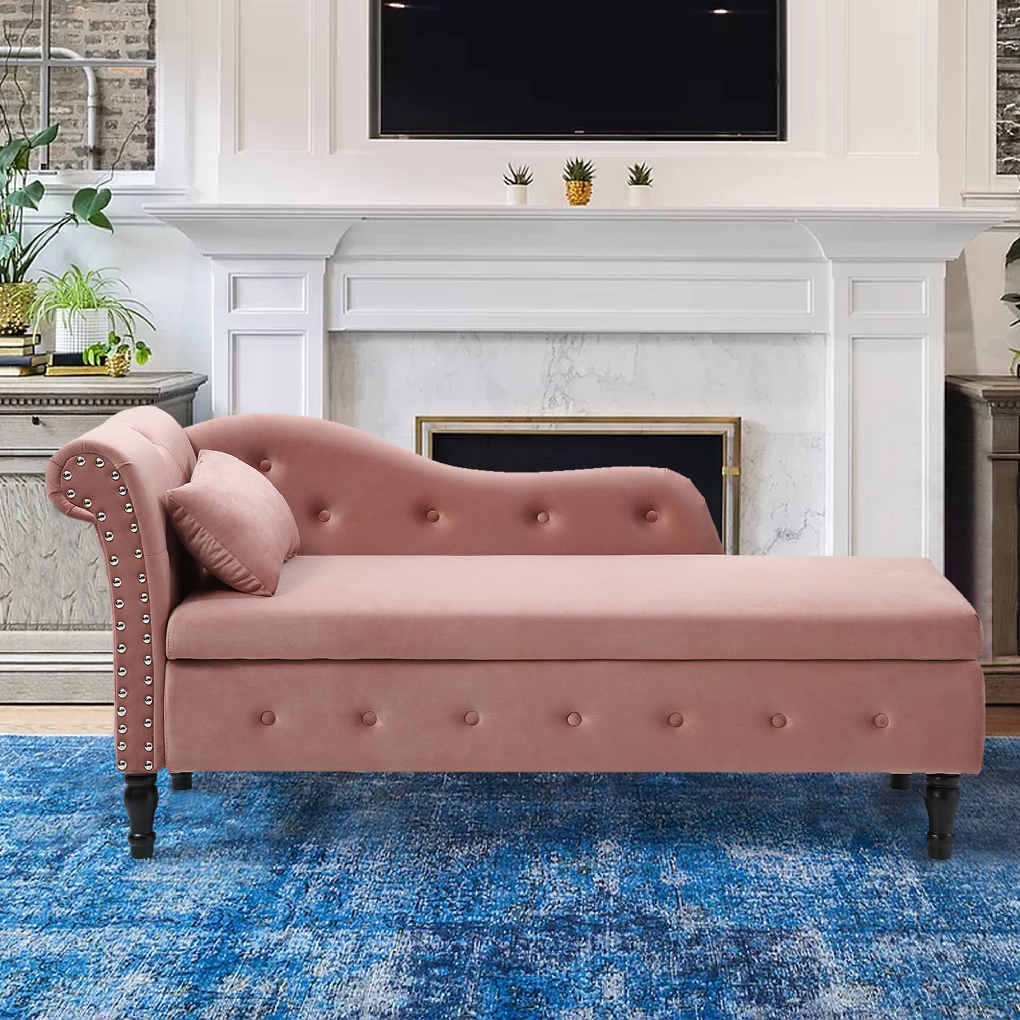 Holaki 60" Velvet Storage Chaise Lounge, Rose, Button Tufted, Nailhead ...