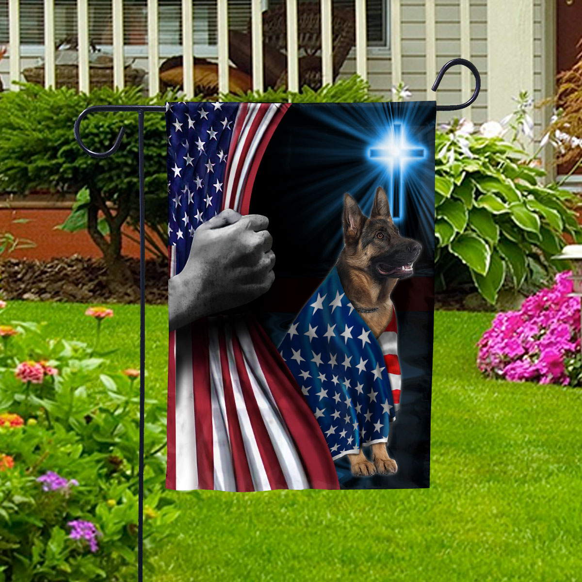 Hand Pulling USA Flag German Shepherd Dog Wearing Flag American Standing under Cross Christian Patriotic House Flag (3x5) Double Sided- Premium Polyester-Decorative Indoor Outdoor Flag