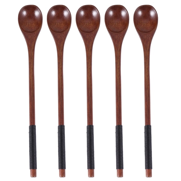 KAKOWELY Cuillères en Bois 5 Pcs Cuillères en Bois avec Fil Noué Cuillère à Mélanger Ronde Manche Long Cuillères Vaisselle (Marron, Fil Noir) 8.07"X1.18"X0.39 Pouces