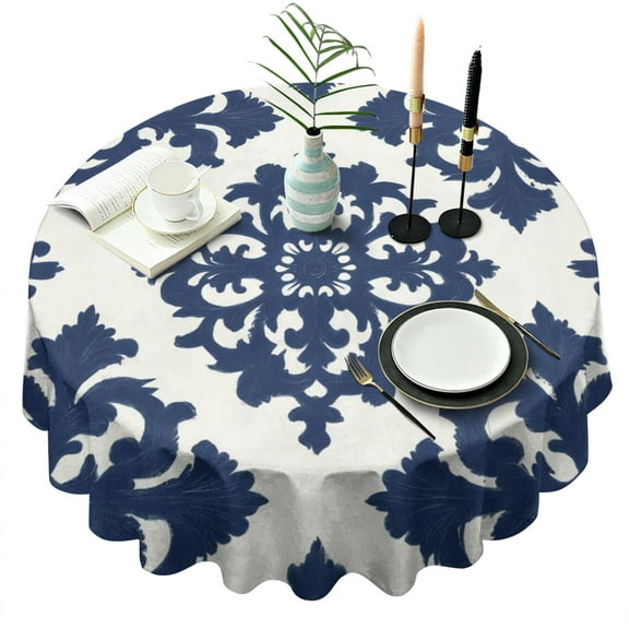 Blue and White Pioneer Flower Round Tablecloth 60" X 60",Wrinkle Wipeable Table Cloth for Kitchen Dining Room Picnic Patio Party