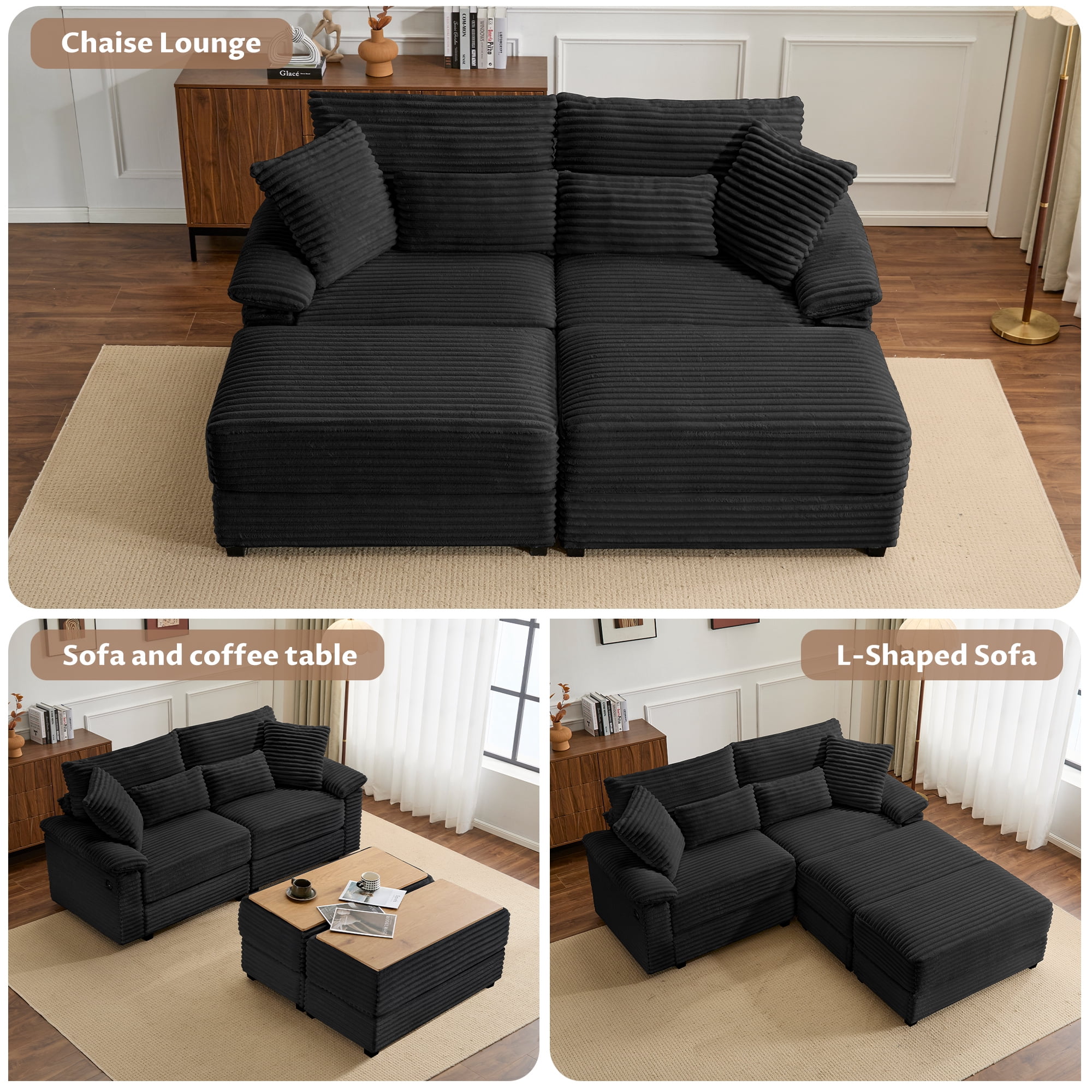 Alvantor 74" Sofa Loveseat with Reversible Ottoman & USB Port Corduroy Chaise Couch for Living Room Black