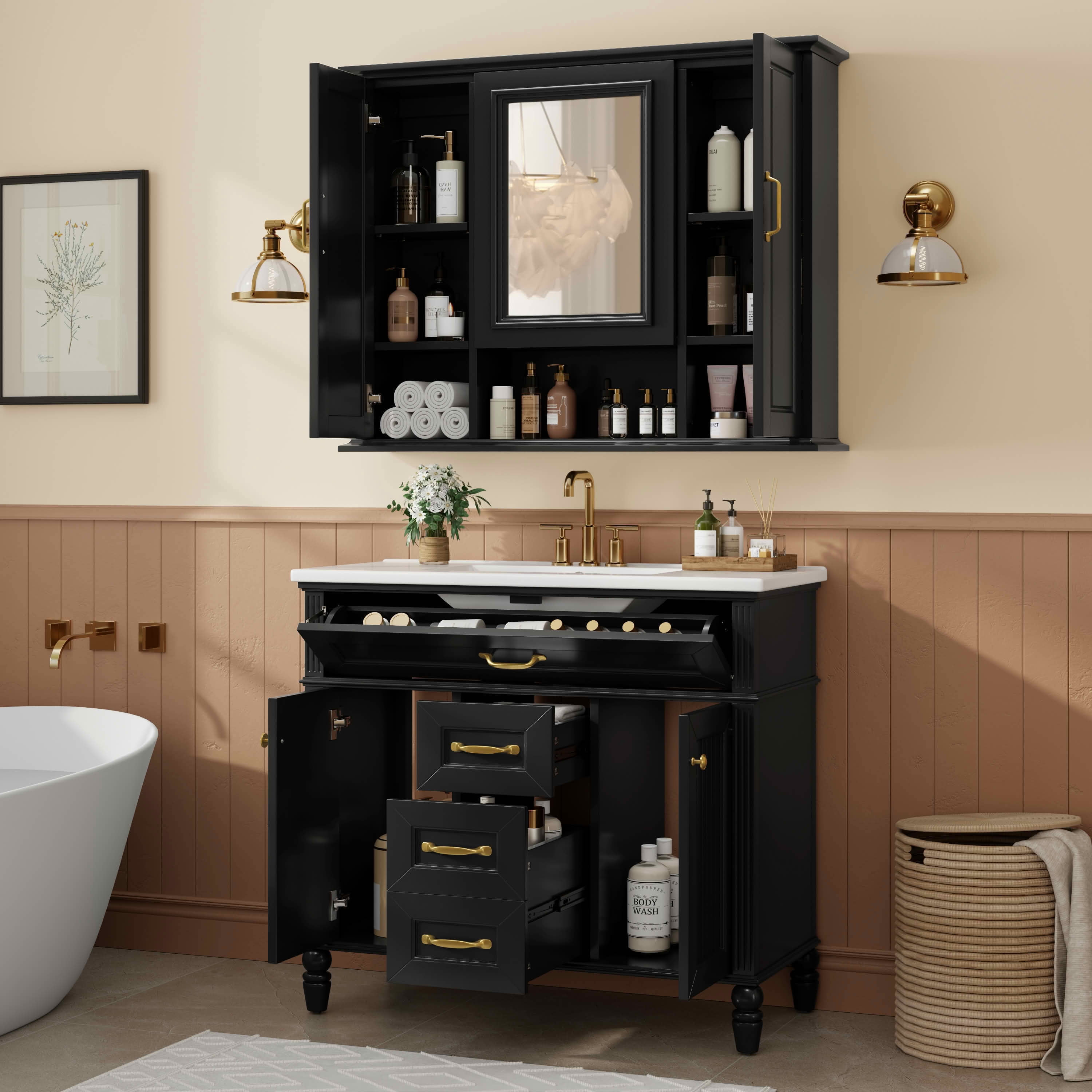 MAYEERTY 36" Bathroom Vanity with Sink Black MDF Rubberwood 3 Drawers Adjustable Shelf Freestanding