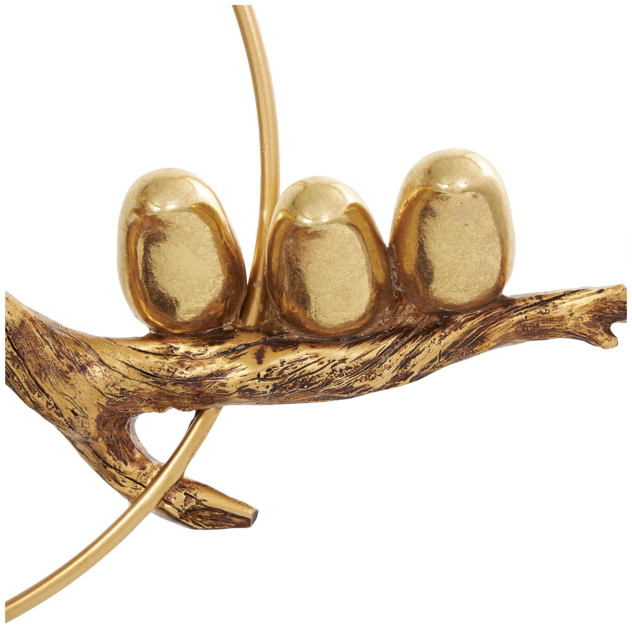 15" x 16" Gold Polystone Family On A Branch Bird Sculpture with Brown Block Base, by DecMode