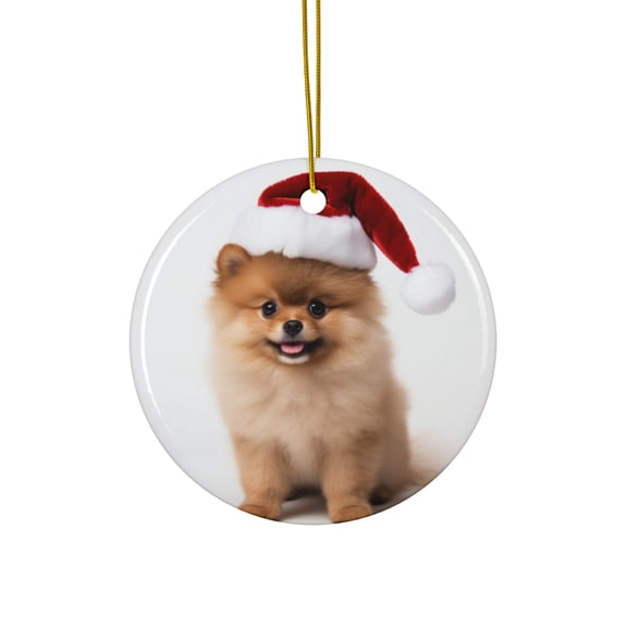 DistinctInk Hanging Ceramic Christmas Tree Ornament with Gold String - Great Gift/Present - 2 3/4 inch Diameter - Pomeranian Puppy Design