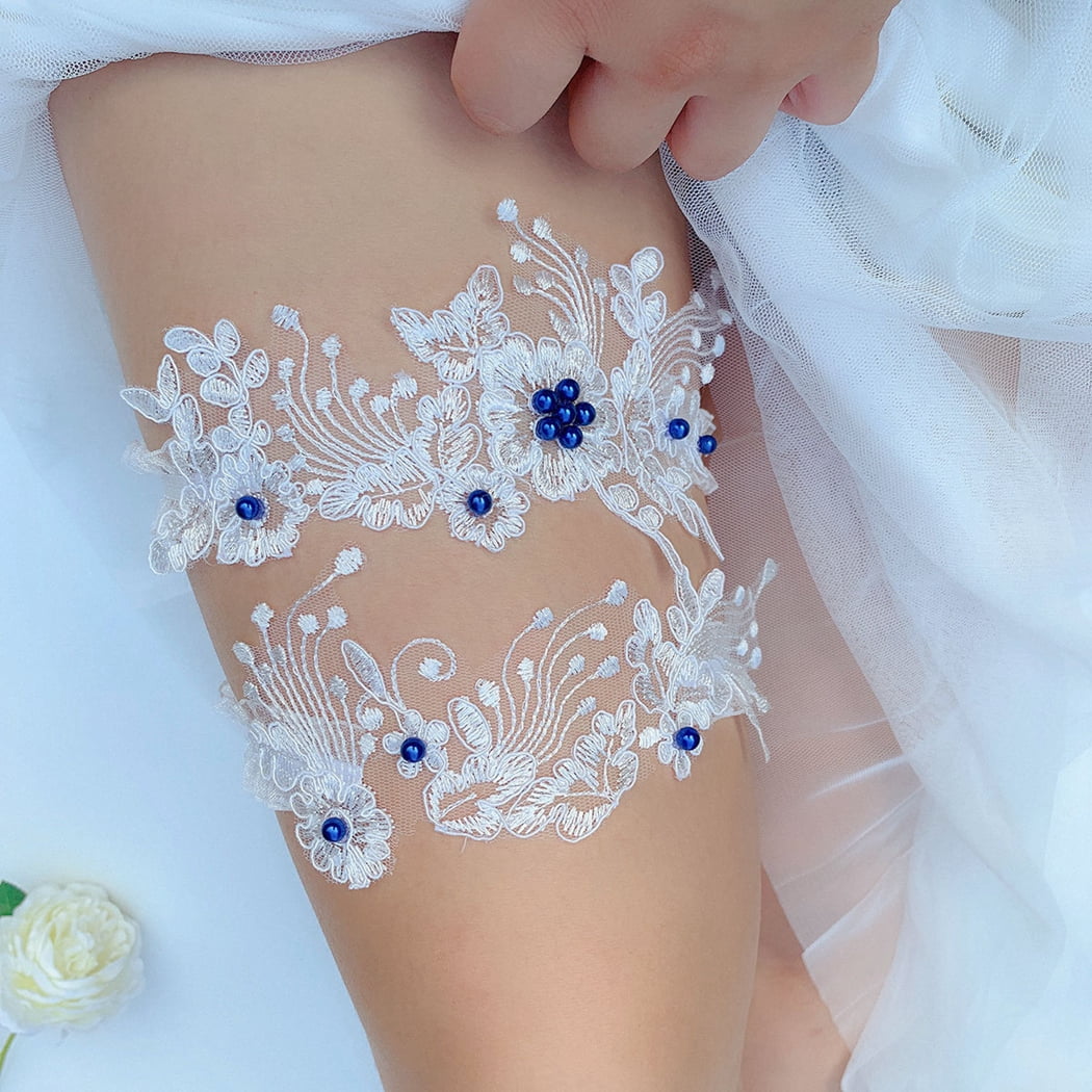 Traditional Blue White Satin Garter w/ Pearls Lace Wedding Bridal Accessories 