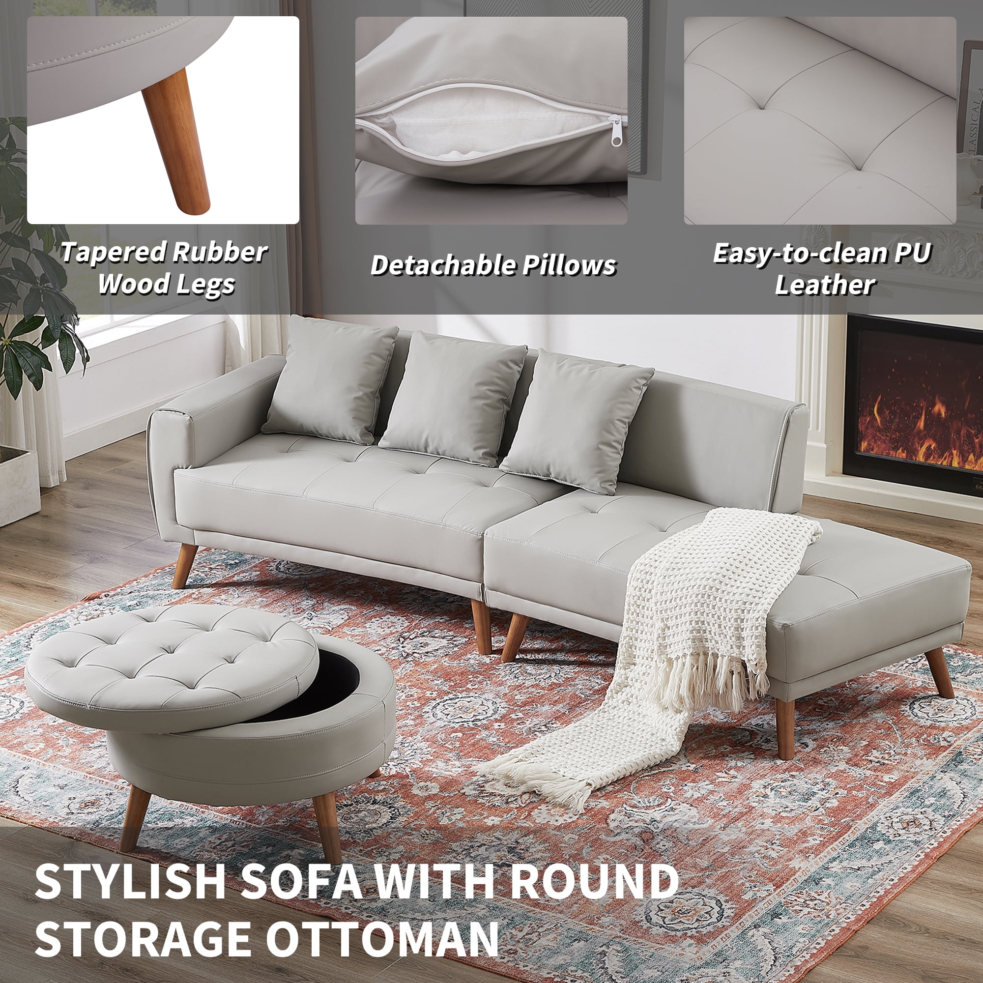 EUROCO 107" Contemporary Sofa Couch, Stylish PU Sofa with a Round Storage Ottoman and 3 Removable Pillows for Living Room, Grey