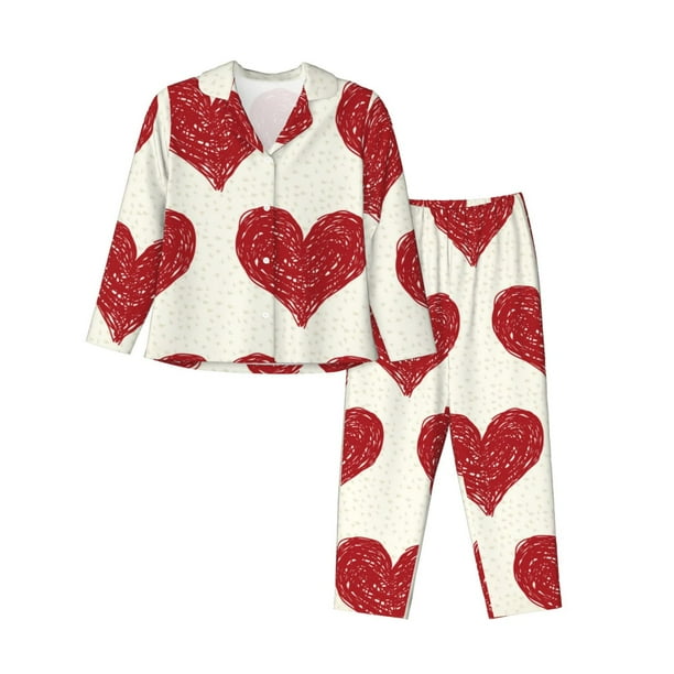 Balery Love Conjunto de Pijama con Estampado para Mujer, Conjunto de Dos Piezas con Manga Larga, Ropa de Dormir Suave con Bolsillos, Pijamas Cómodos-Medium