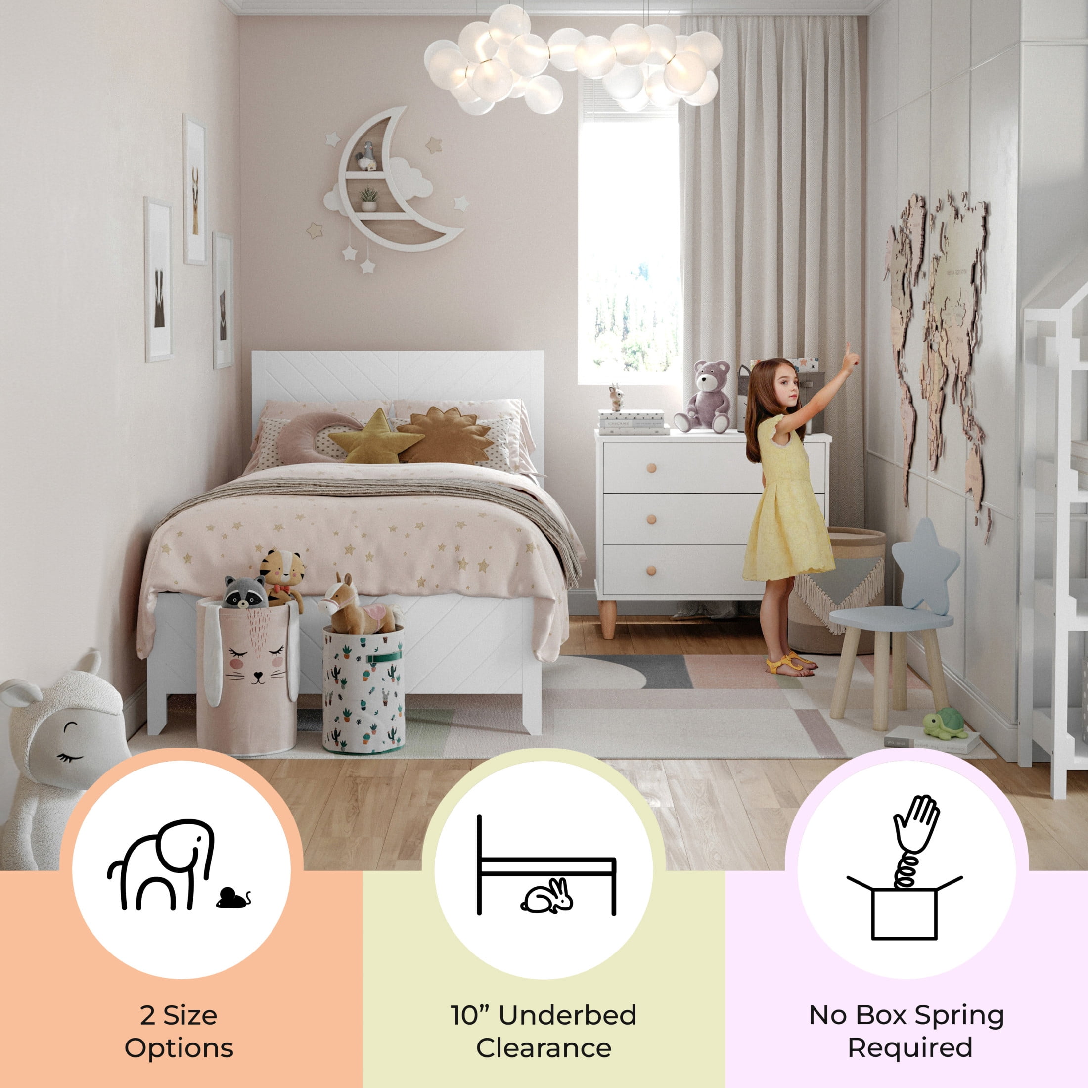 Buzz & Bloom Kids Twin-Size Platform Bed with Panel Headboard and Footboard, White