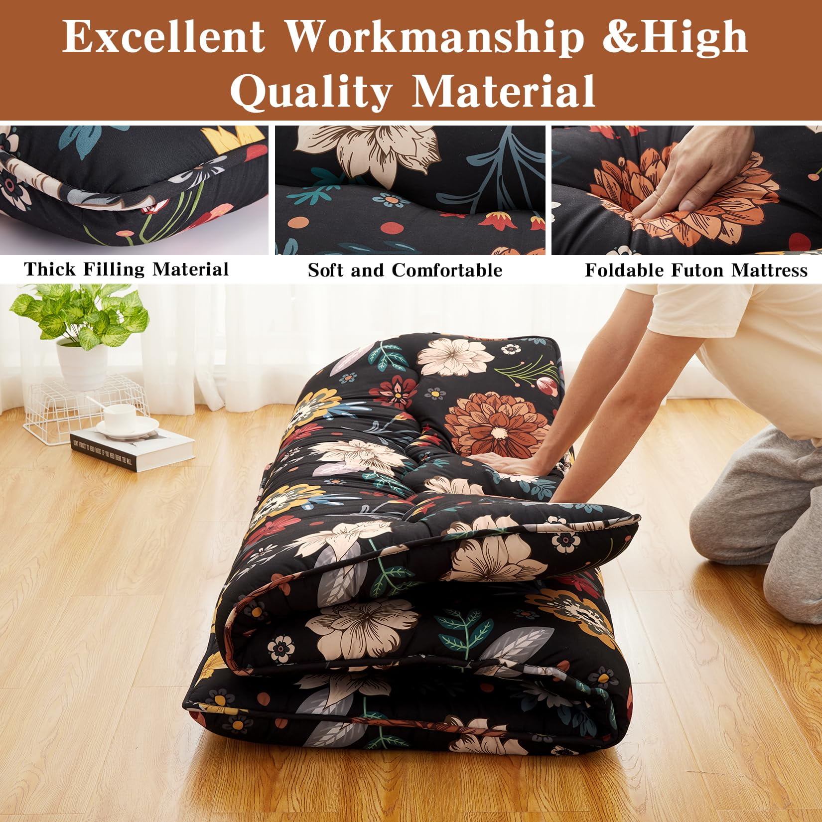 Ataucjin Twin Size Japanese Futon Floor Mattress, 3 Inch Thick Floral Tatami Mat, Foldable Portable Sleeping Mattress, Modern Floor Bed for Living Room, Guest Room, Camping