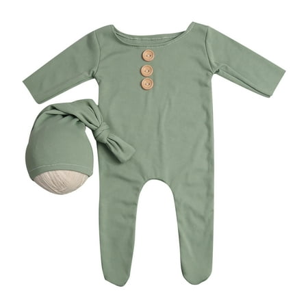 

SIEYIO 2Pcs/Set Newborn Baby Long Romper Jumpsuit with Knotted Hat Buttons Solid Color Infant Coverall Photo Prop Outfits