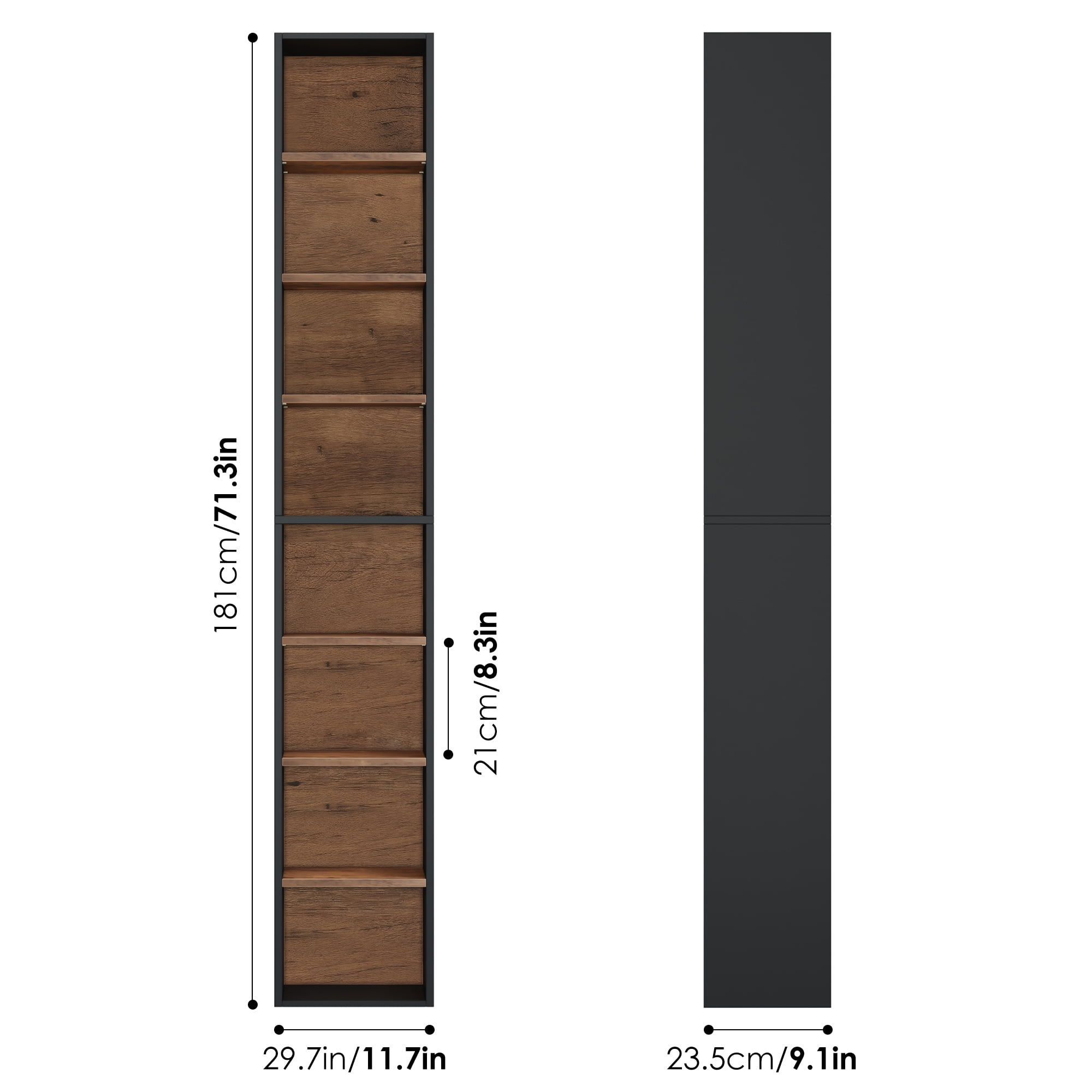 Homfa 8-Tier Wood Bookcase,71''Tall Storage Cube Organizer with Adjustable Shelves for Living Room Bedroom,2PCS,Black+Vintage Oak