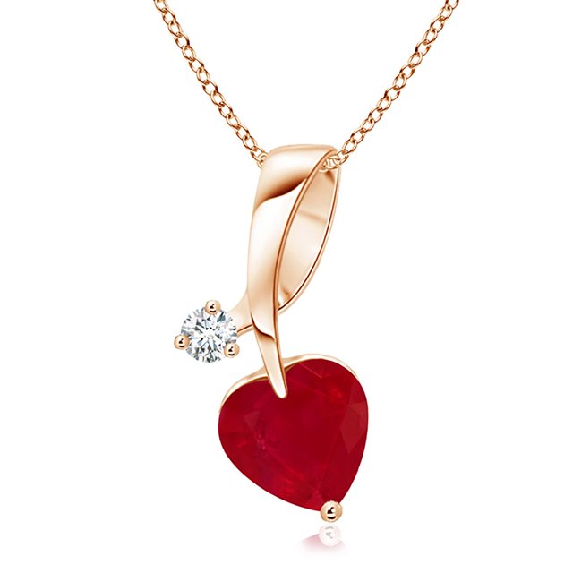 Angara Natural Ruby Necklace - Heart-Shaped Ruby Ribbon Pendant with Diamond in 14K Rose Gold for Women