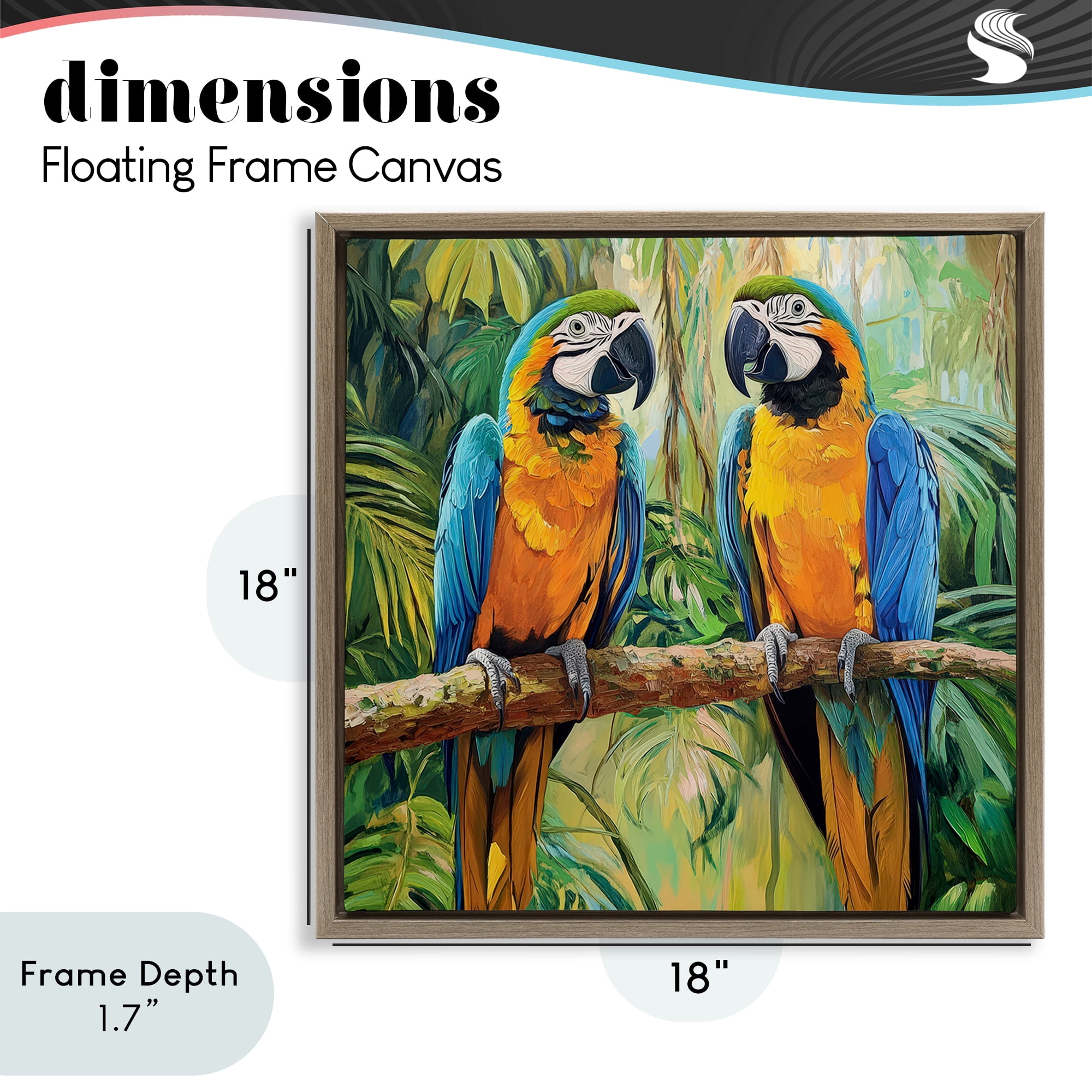 Stupell Industries Two Macaws Among Foliage Brown Framed Floater Canvas Wall Art, design by Petal Prints Design