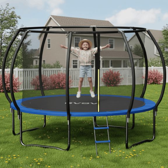 GVDV 10FT Outdoor Trampoline, Backyard Recreational Pumpkin Trampoline with Enclosure for Kids