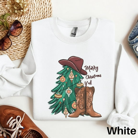Country Christmas Sweatshirt, Merry Christmas Yall, Western Cowboy Boots Christmas Sweater